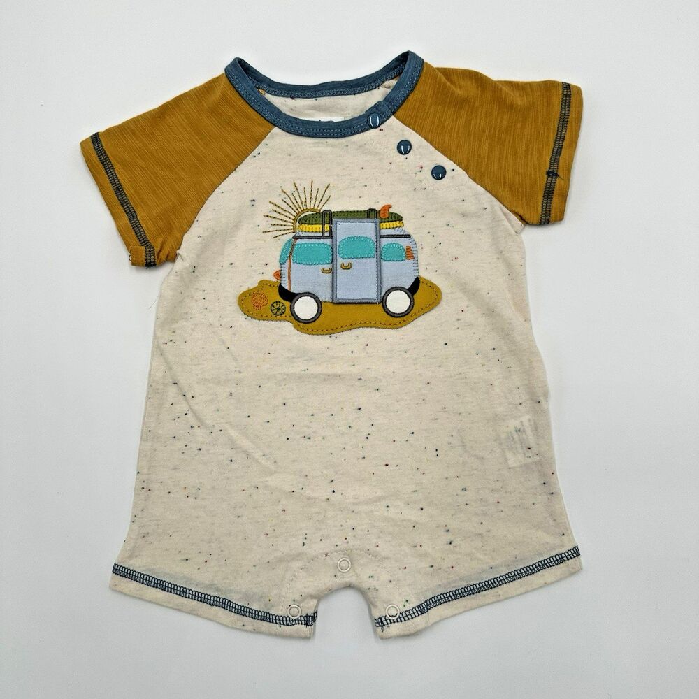 Mud Pie Baby Summer Camper RV Applique Shortall Cotton One Piece Baby Boy 6-9M
